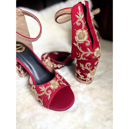 Modanta Red Embroidered Heels