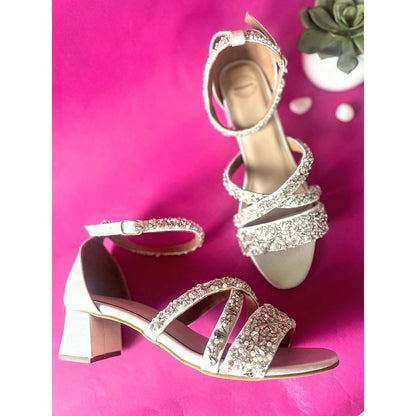 Modanta White Satin Diamond Heels