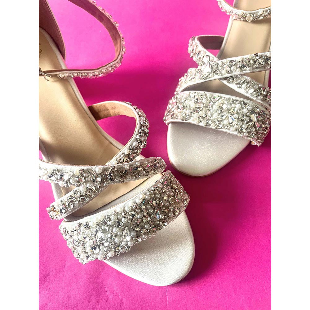 Modanta White Satin Diamond Heels