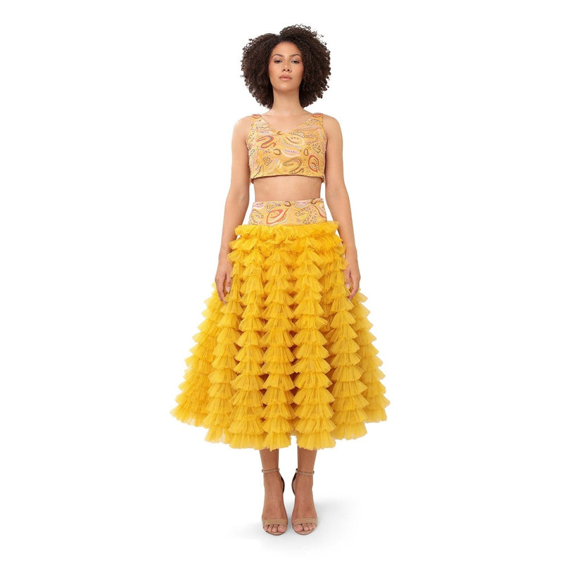 MODO CALDO Yellow Daffodil Dream Embellished Top and Skirt
