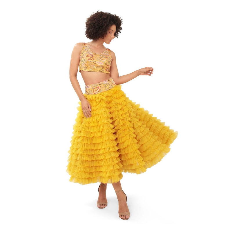 MODO CALDO Yellow Daffodil Dream Embellished Top and Skirt