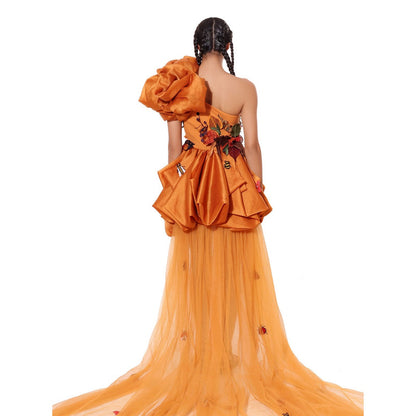 MODO CALDO Orange Golden Hour Dress with Trail