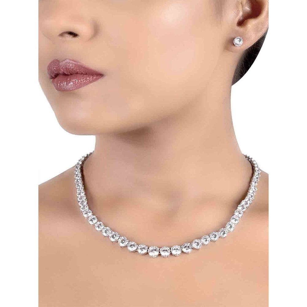 Mon Tresor Big Graded Solitaire Necklace with Pair of Earrings With Solitaire Studs - White