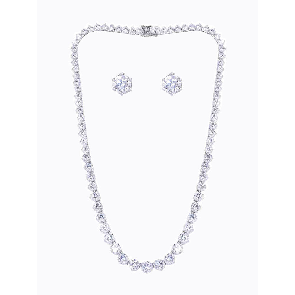Mon Tresor Big Graded Solitaire Necklace with Pair of Earrings With Solitaire Studs - White