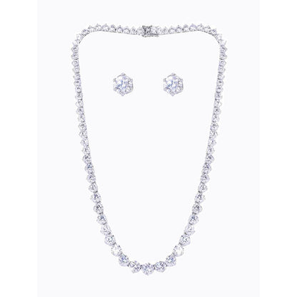 Mon Tresor Big Graded Solitaire Necklace with Pair of Earrings With Solitaire Studs - White