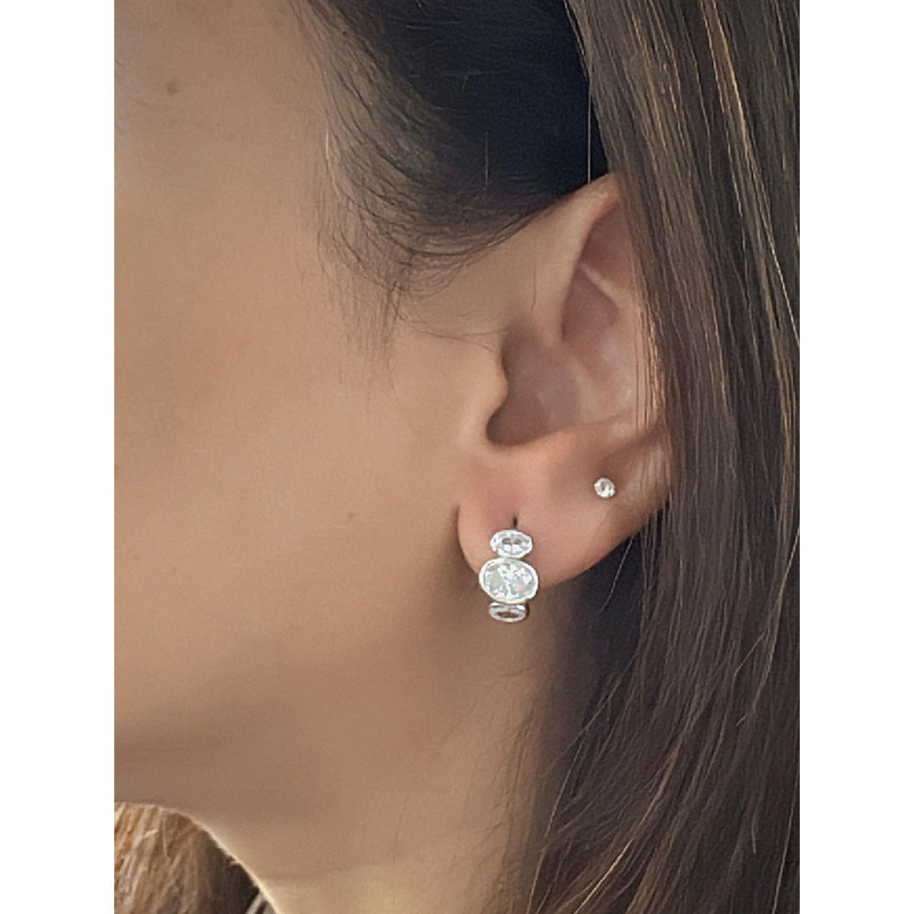 Mon Tresor 3 Graded Oval Solitaire Bali In Bezel Setting Earrings- White