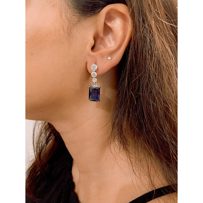 Mon Tresor Graded Dia Line With Rectangle Blue Drop Earrings - Navy Blue