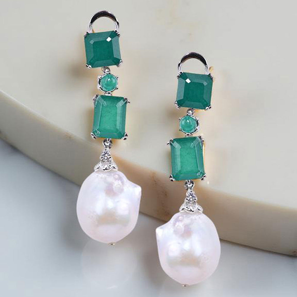 Mon Tresor Double Emerald Gemstones With Baroque Pearl Drop Earrings - Green