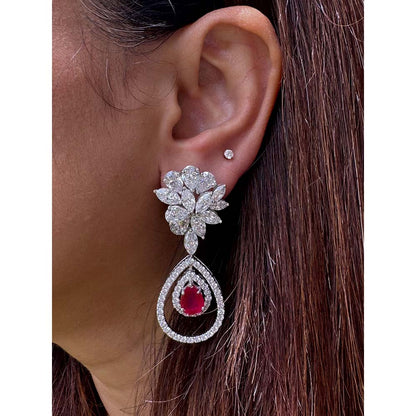 Mon Tresor Cluster Top With Ruby Drop Earrings And Double Halo - Red