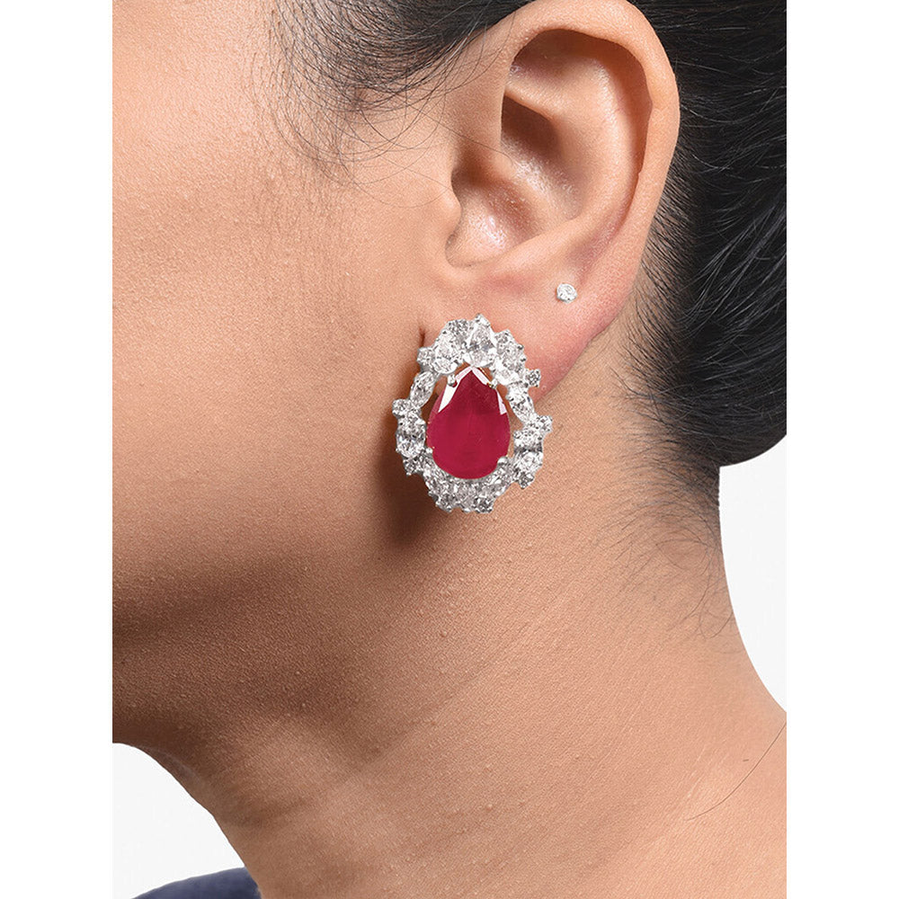 Mon Tresor Pear Shaped Ruby Stud Earrings Different Shaped Diamond Halo - Red