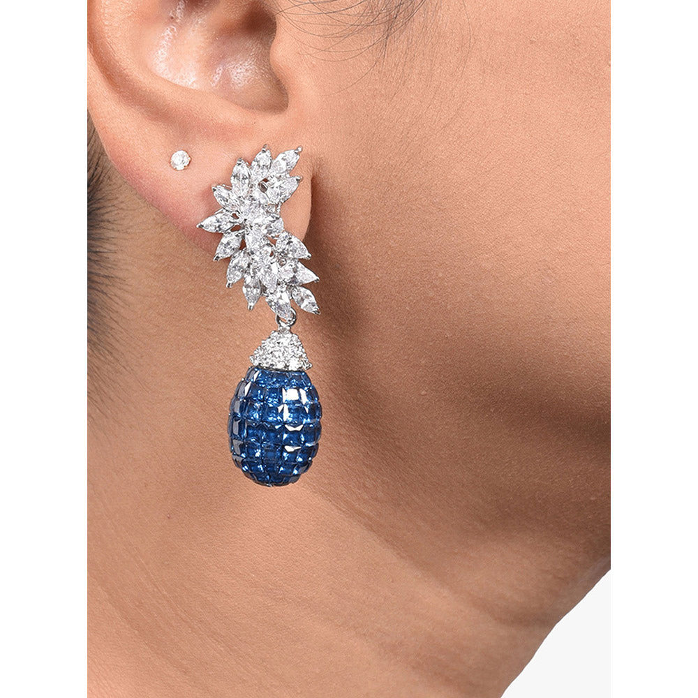 Mon Tresor Crescent Marquis Cluster Top Blue Sapphire Drop Earrings In Invisible Setting