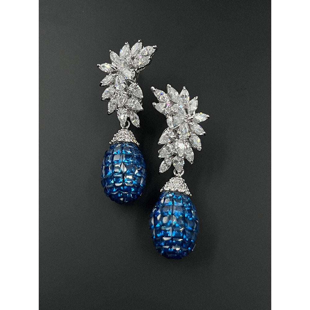 Mon Tresor Crescent Marquis Cluster Top Blue Sapphire Drop Earrings In Invisible Setting