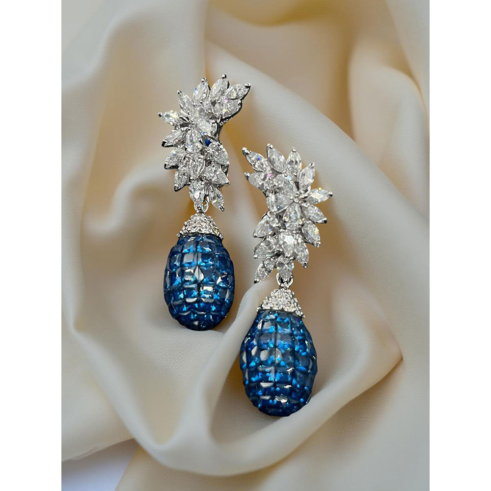 Mon Tresor Crescent Marquis Cluster Top Blue Sapphire Drop Earrings In Invisible Setting