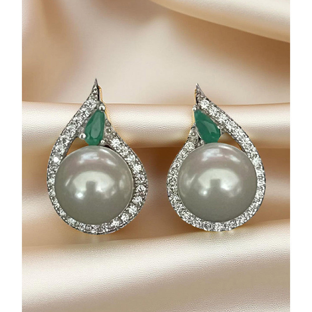 Mon Tresor White Pearl Stud Earrings With Leaf Dia Halo - Grey