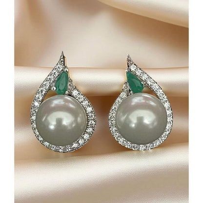 Mon Tresor White Pearl Stud Earrings With Leaf Dia Halo - Grey