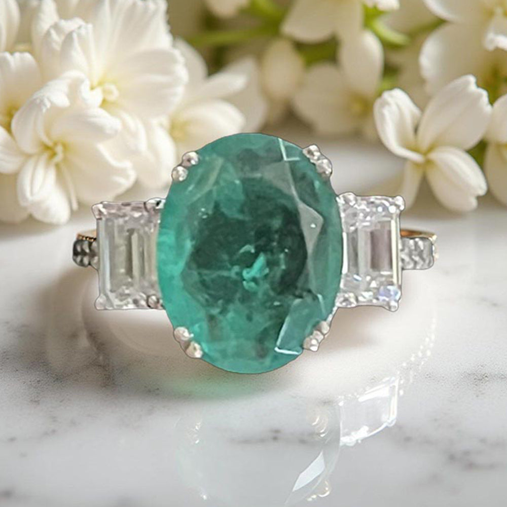 Mon Tresor Oval Green Centre With Baguette Diamonds And Dia Band