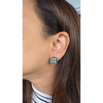 Mon Tresor Asscher Cut Diamond With Green Baguette Halo Stud