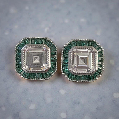 Mon Tresor Asscher Cut Diamond With Green Baguette Halo Stud