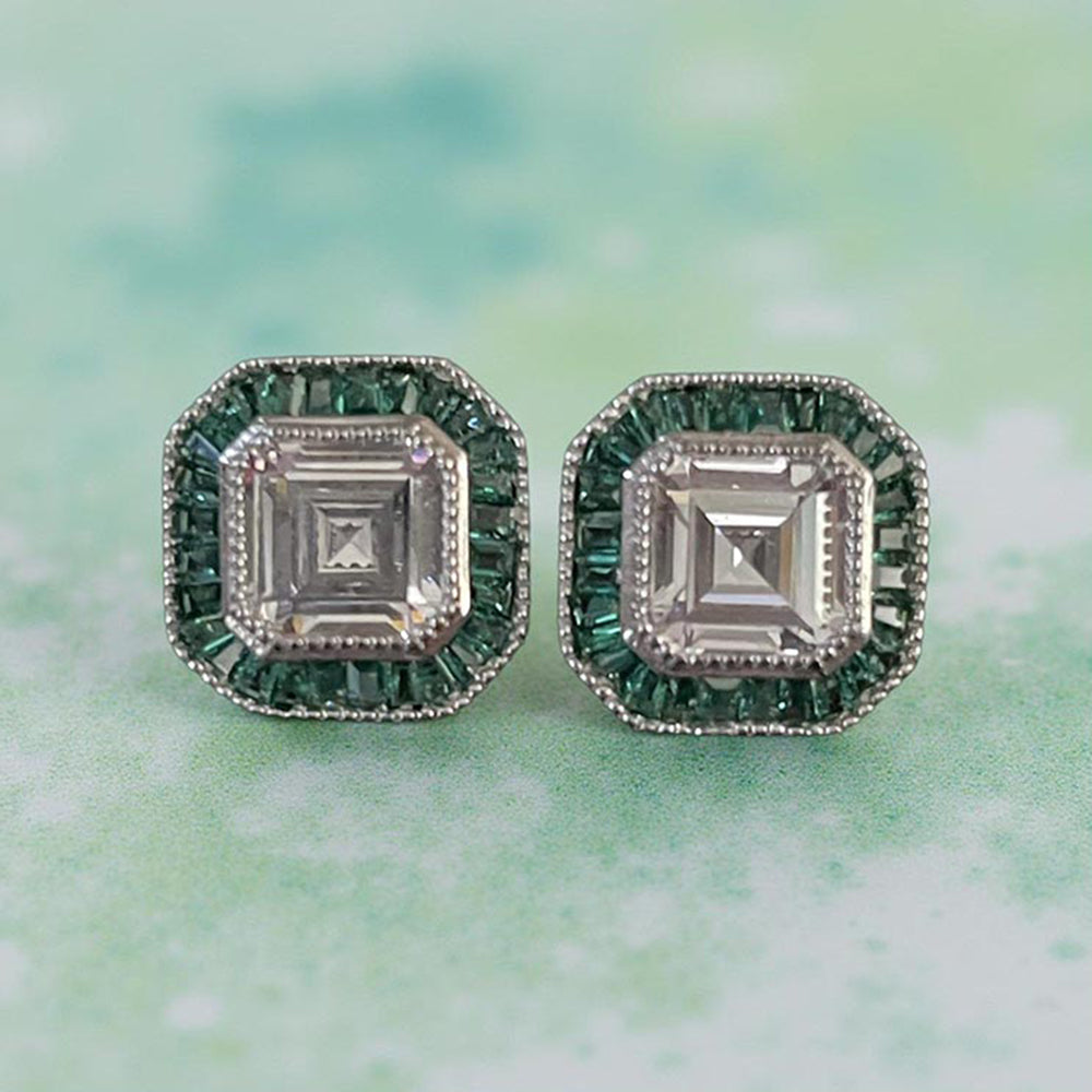Mon Tresor Asscher Cut Diamond With Green Baguette Halo Stud