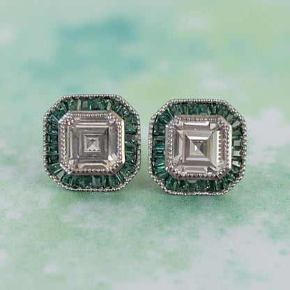 Mon Tresor Asscher Cut Diamond With Green Baguette Halo Stud