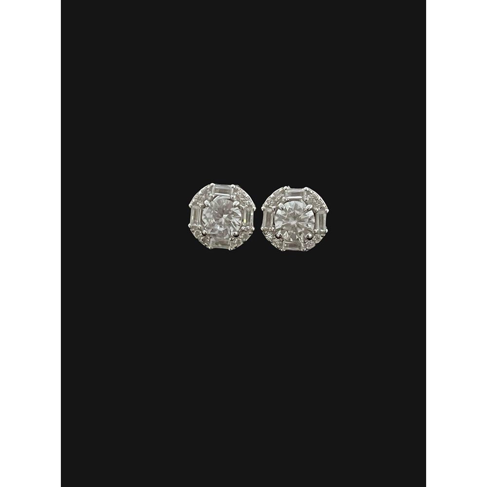 Mon Tresor White 50 Cents Round Solitaire With Baguette Halo Earrings