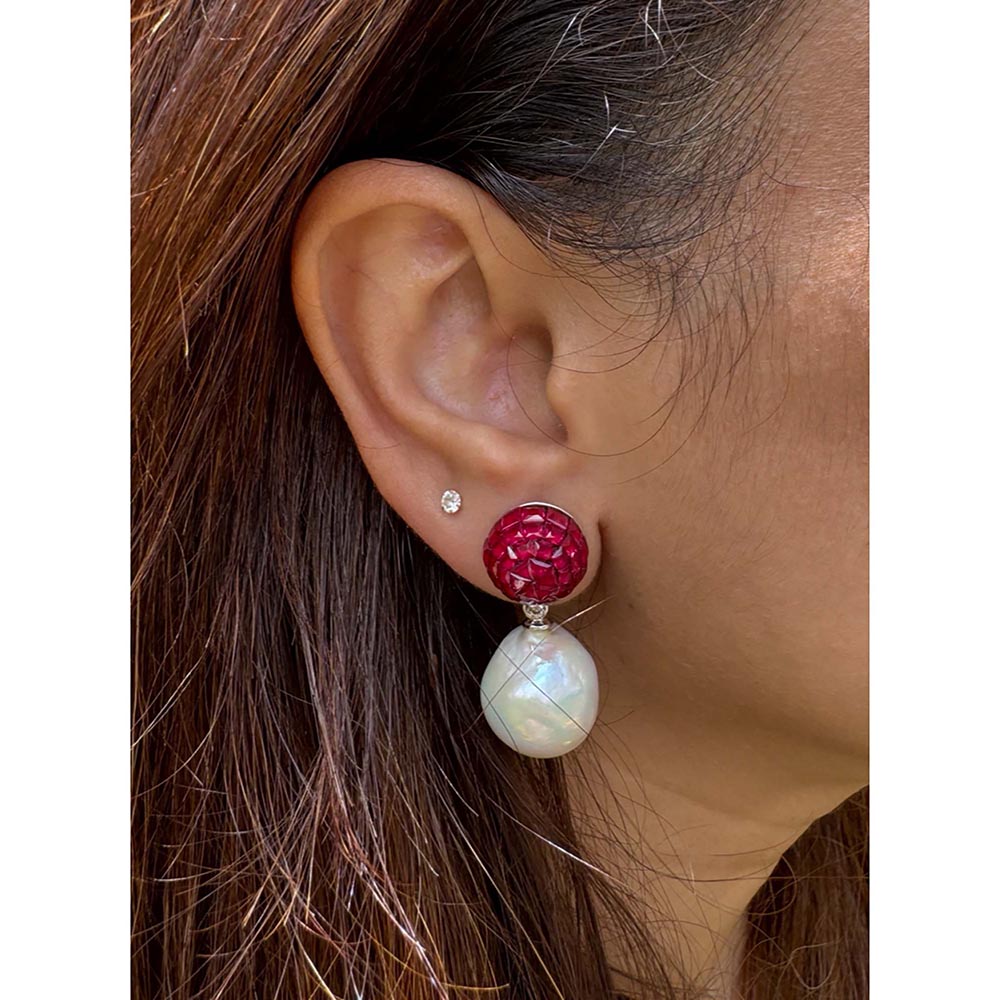 Mon Tresor White Ruby With Baroque Pearl Drop Earrings