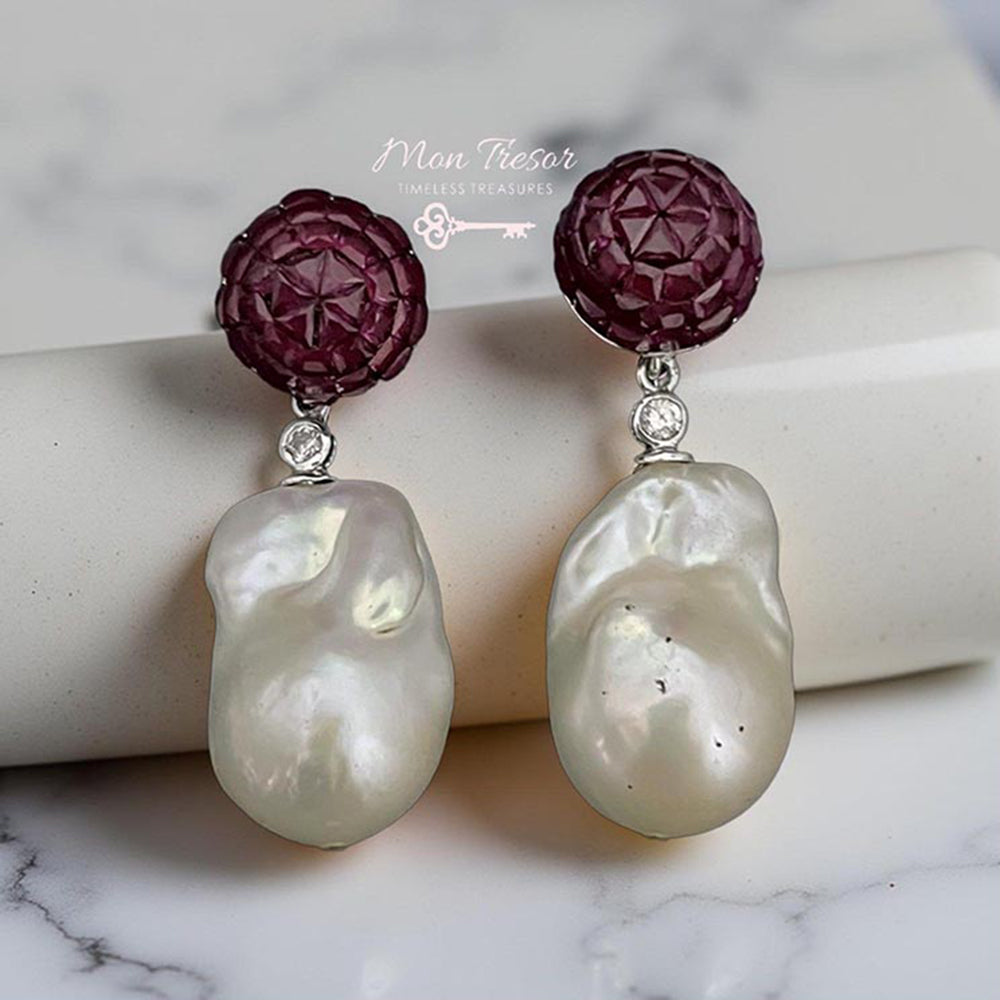 Mon Tresor White Ruby With Baroque Pearl Drop Earrings