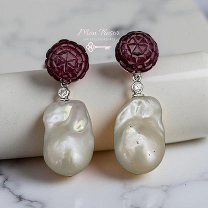 Mon Tresor White Ruby With Baroque Pearl Drop Earrings