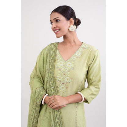 Monika Mathuria Datta Pista Green Embroidered Kurta with Palazzo and Dupatta (Set of 3)