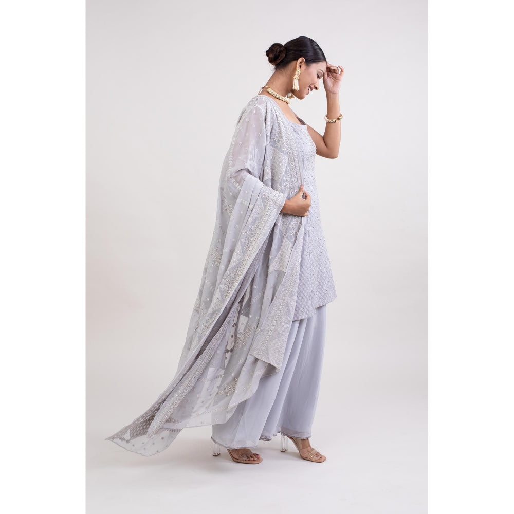 Monika Mathuria Datta Grey Embroidered Kurta with Palazzo and Dupatta (Set of 3)