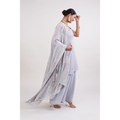 Monika Mathuria Datta Grey Embroidered Kurta with Palazzo and Dupatta (Set of 3)