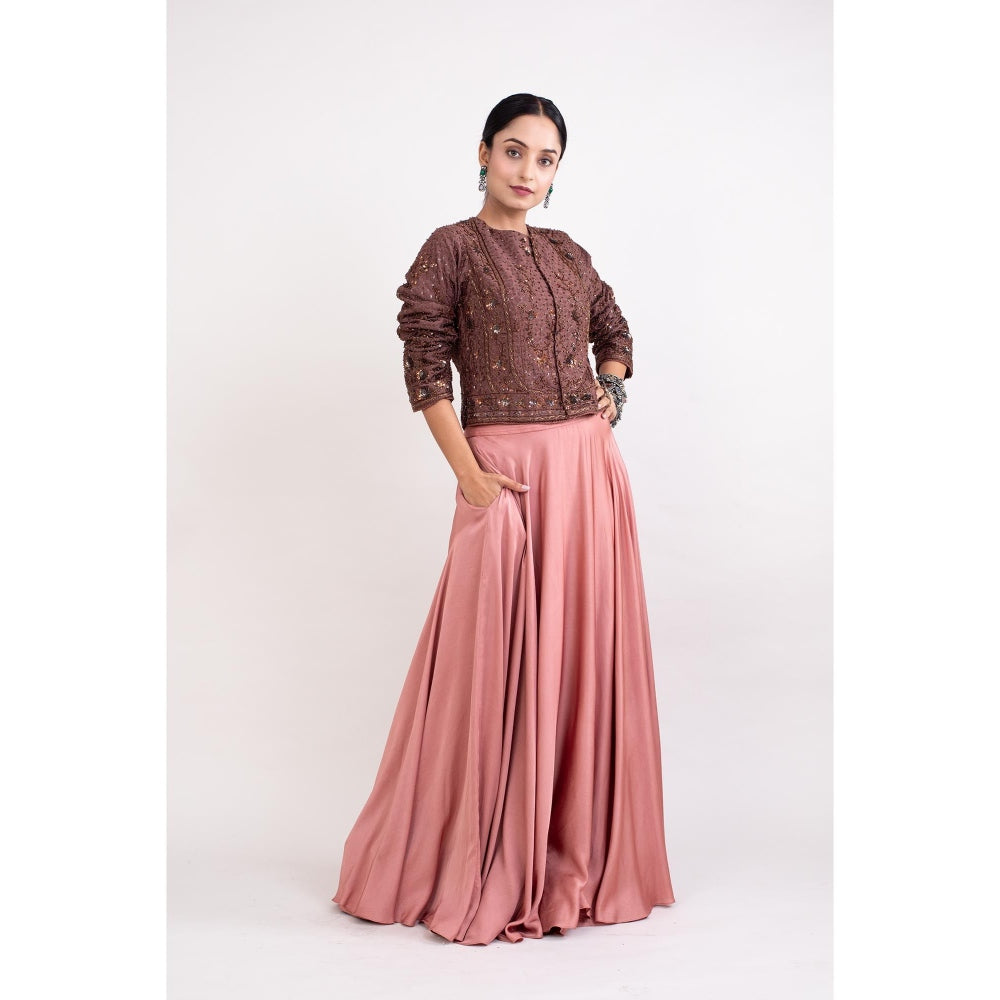 Monika Mathuria Datta Chocolate Brown Embroidered Top and Old Rose Pink Skirt (Set of 2)