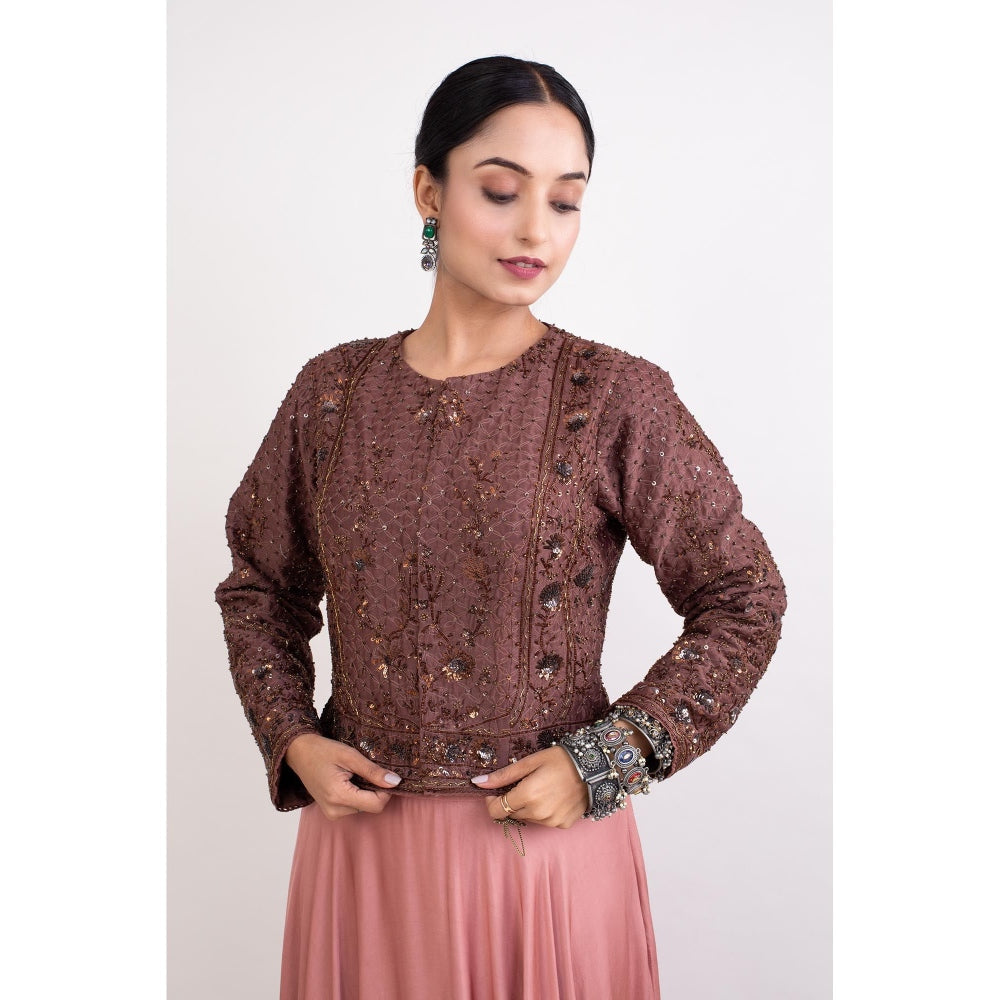 Monika Mathuria Datta Chocolate Brown Embroidered Top and Old Rose Pink Skirt (Set of 2)