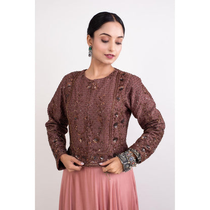 Monika Mathuria Datta Chocolate Brown Embroidered Top and Old Rose Pink Skirt (Set of 2)
