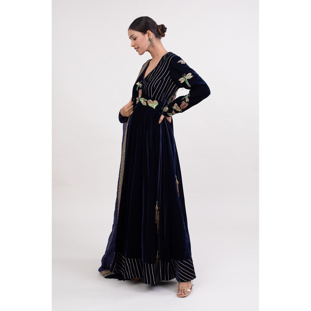 Monika Mathuria Datta Navy Blue Angarakha Kurta with Churidar and Dupatta (Set of 3)