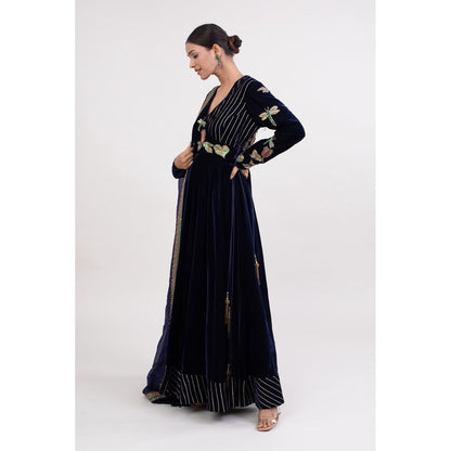 Monika Mathuria Datta Navy Blue Angarakha Kurta with Churidar and Dupatta (Set of 3)