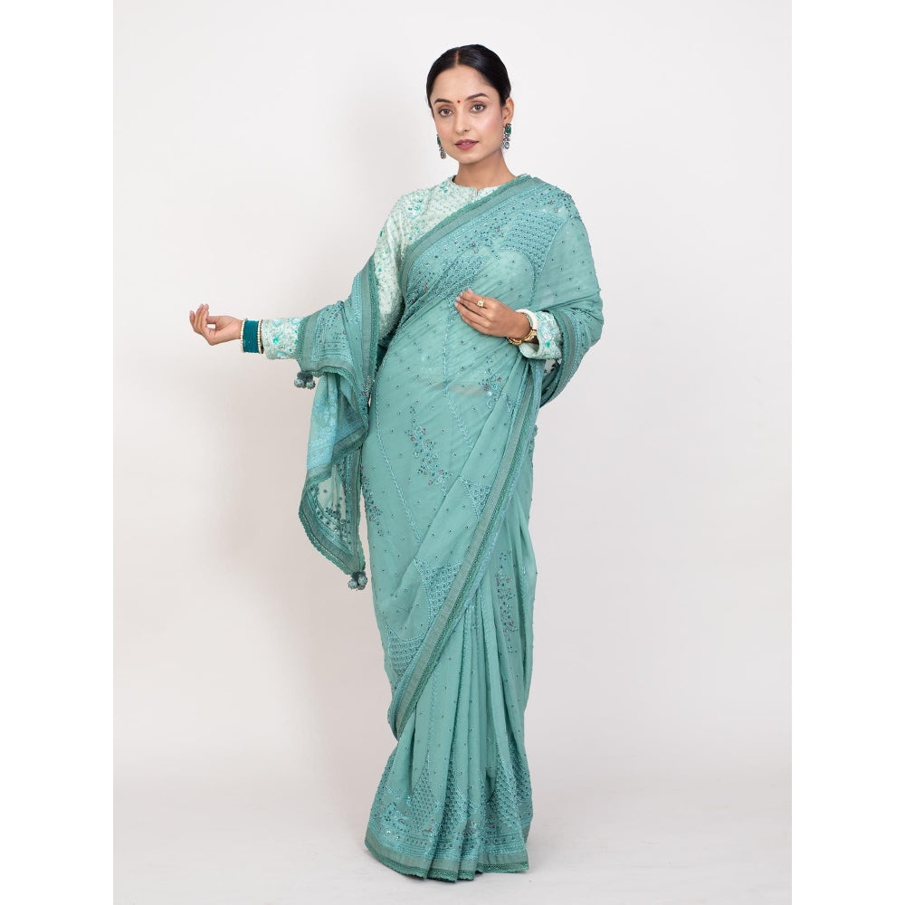 Monika Mathuria Datta Green Hand Embroidered Saree with Stitched Blouse