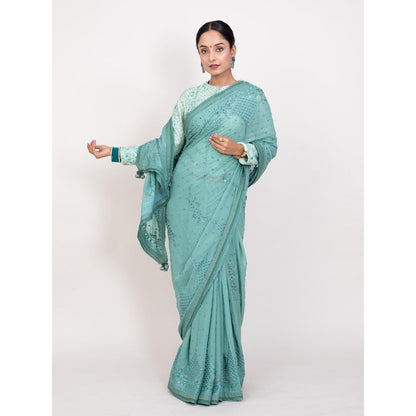 Monika Mathuria Datta Green Hand Embroidered Saree with Stitched Blouse