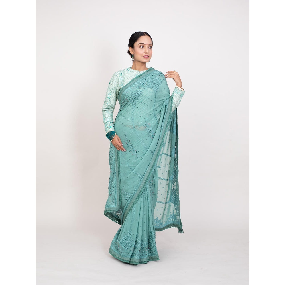 Monika Mathuria Datta Green Hand Embroidered Saree with Stitched Blouse