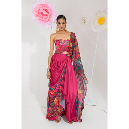 Muskan Aggarwal Mirab Embellished Floral Print Pre-Draped Saree with Stitched Blouse