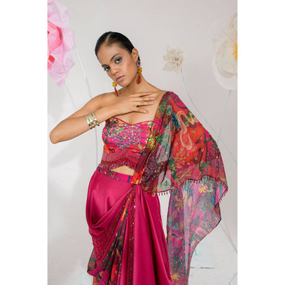 Muskan Aggarwal Mirab Embellished Floral Print Pre-Draped Saree with Stitched Blouse