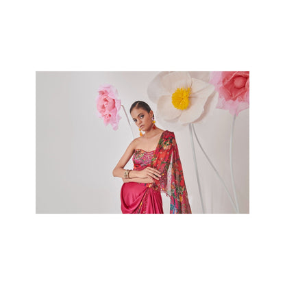 Muskan Aggarwal Mirab Embellished Floral Print Pre-Draped Saree with Stitched Blouse