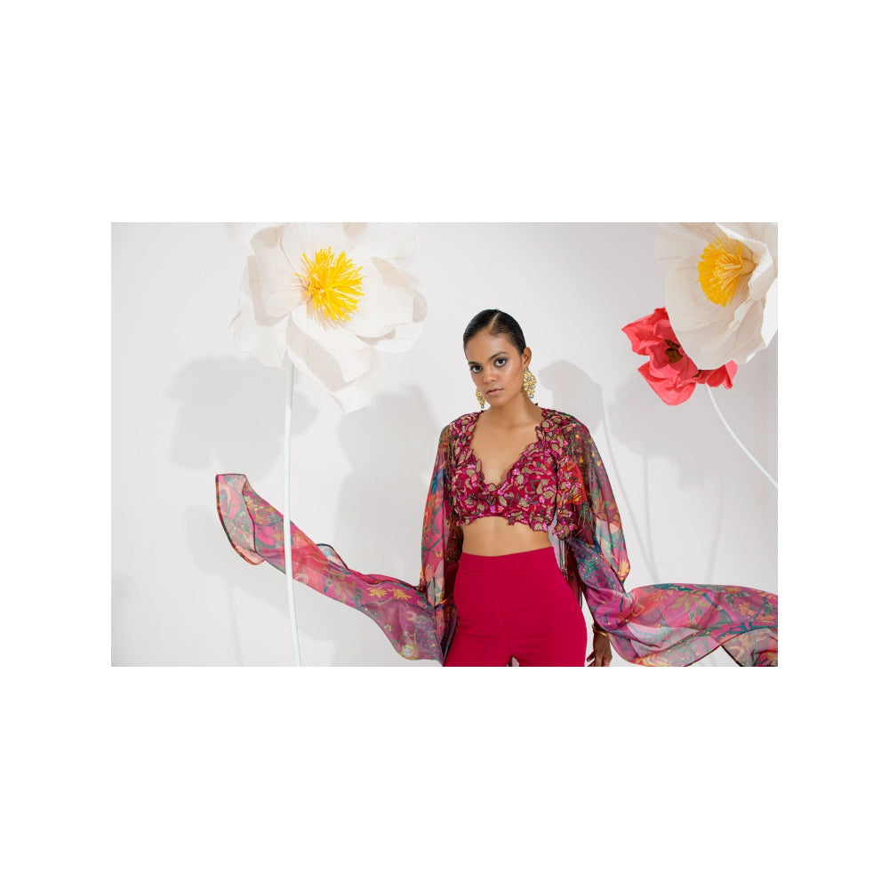 Muskan Aggarwal Russia Floral Embellished Blouse with Sharara and Cape (Set of 3)