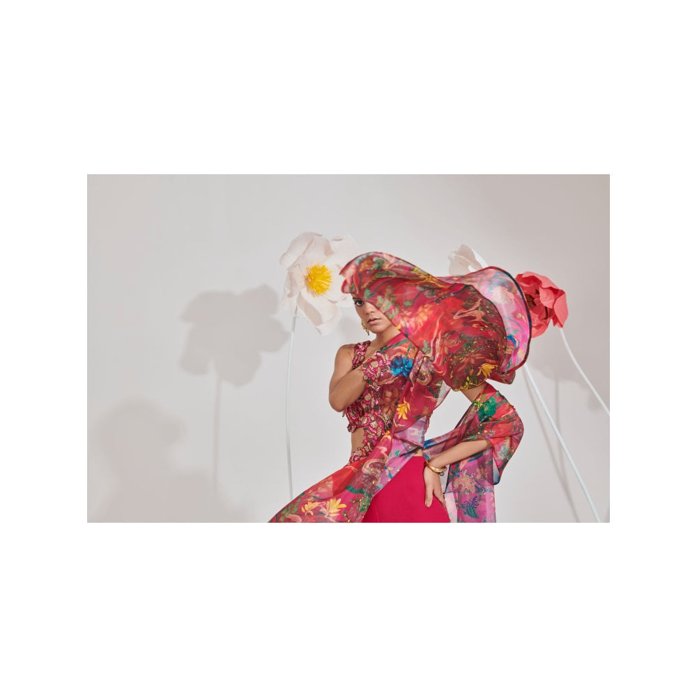 Muskan Aggarwal Russia Floral Embellished Blouse with Sharara and Cape (Set of 3)
