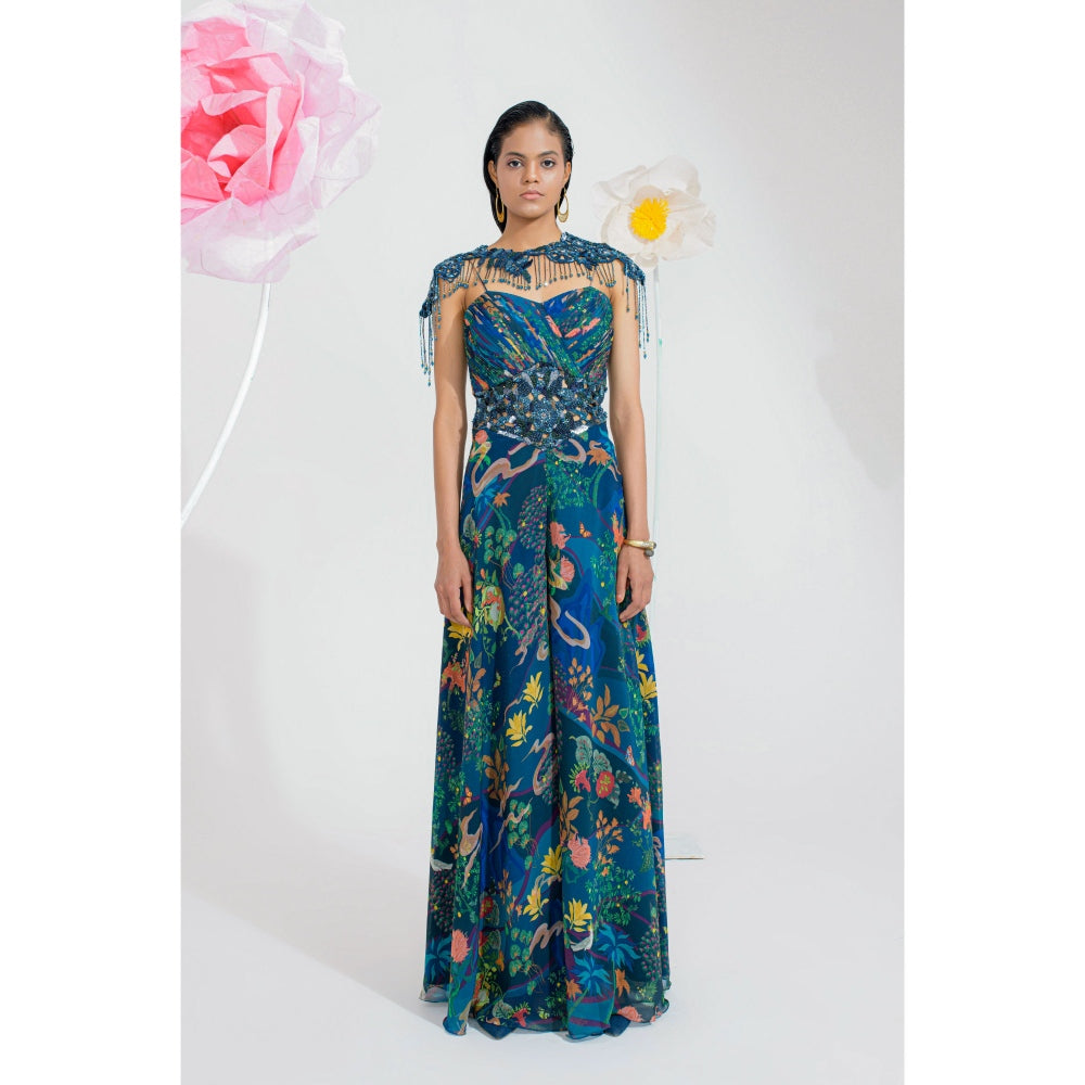 Muskan Aggarwal Rhae Embellished Floral Print Jumpsuit and Cape (Set of 2)