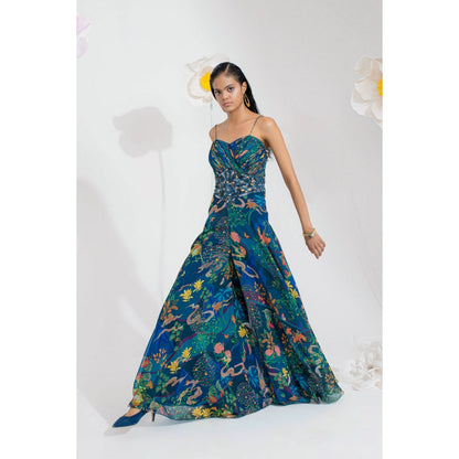 Muskan Aggarwal Rhae Embellished Floral Print Jumpsuit and Cape (Set of 2)