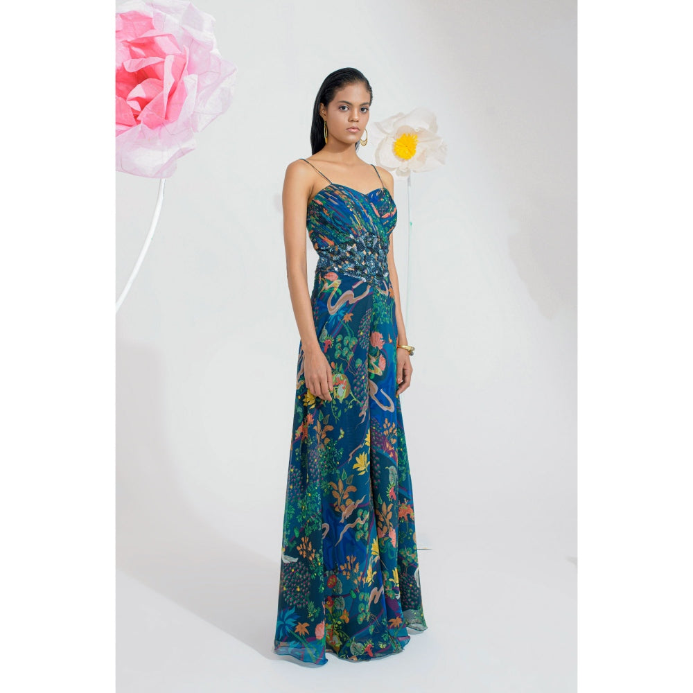 Muskan Aggarwal Rhae Embellished Floral Print Jumpsuit and Cape (Set of 2)