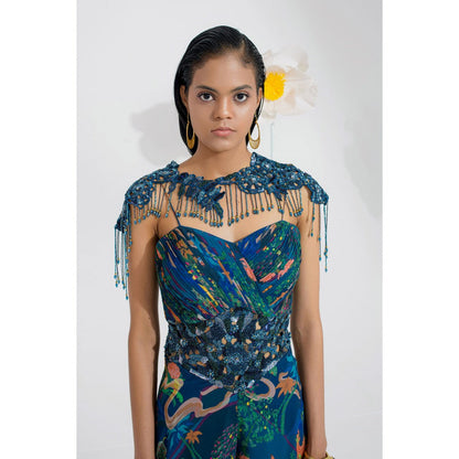 Muskan Aggarwal Rhae Embellished Floral Print Jumpsuit and Cape (Set of 2)