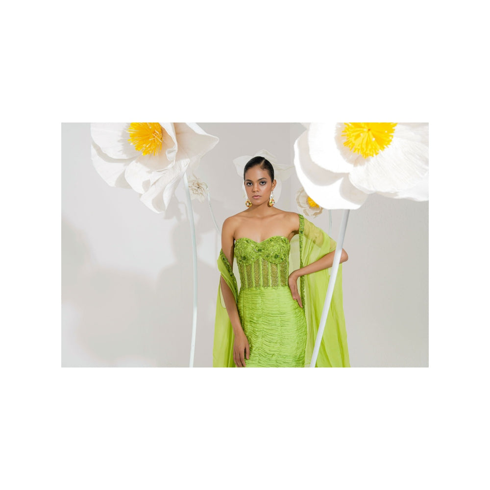 Muskan Aggarwal Amaris Green Embellished Dress and Cape (Set of 2)