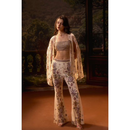 Muskan Aggarwal Womens Net Embroidered Cream Crop Top with Cape and Pant